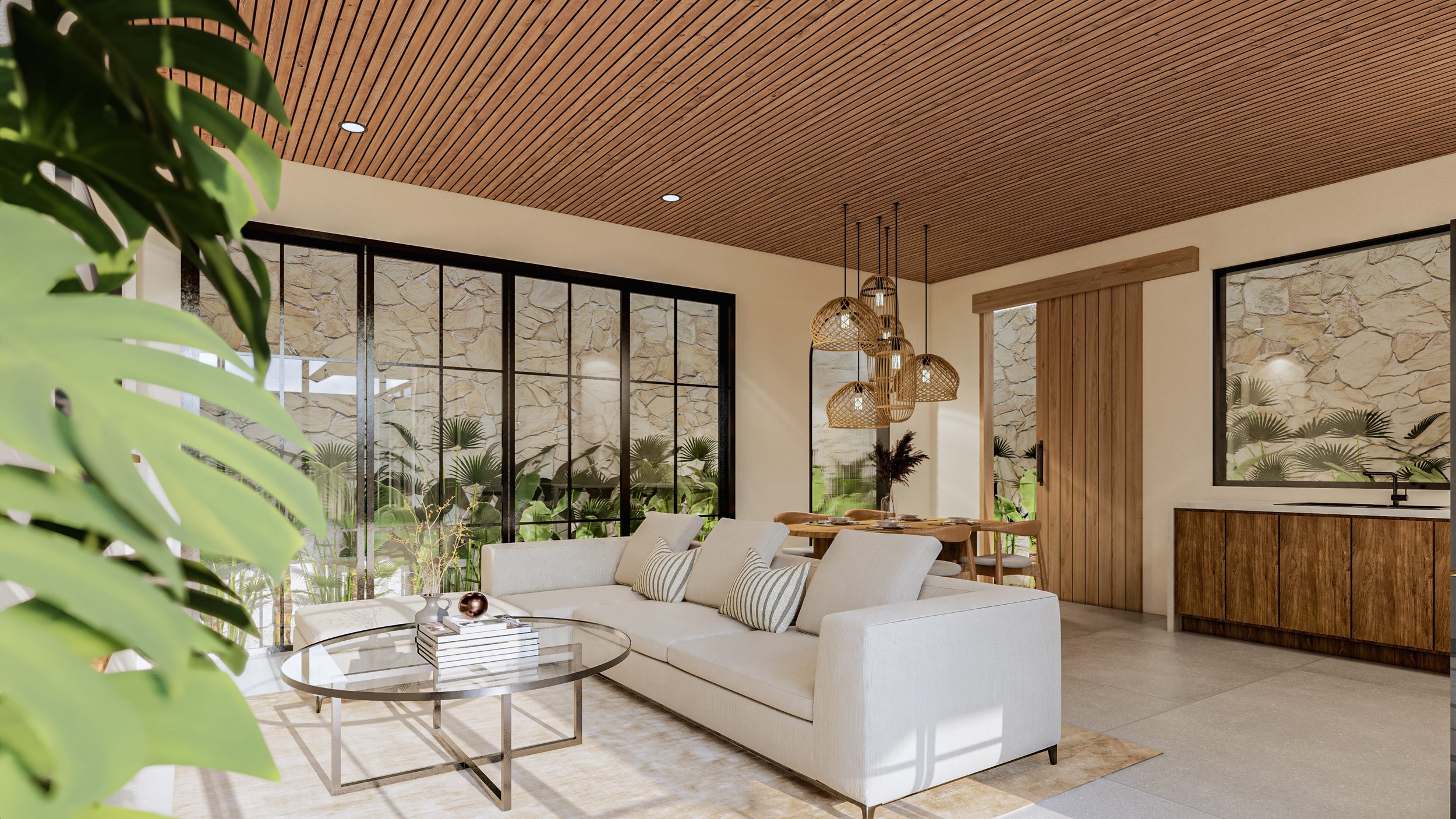 Modern living room with a beige sofa, glass coffee table, pendant lights, wooden ceiling, large windows overlooking plants, and stone accent walls.