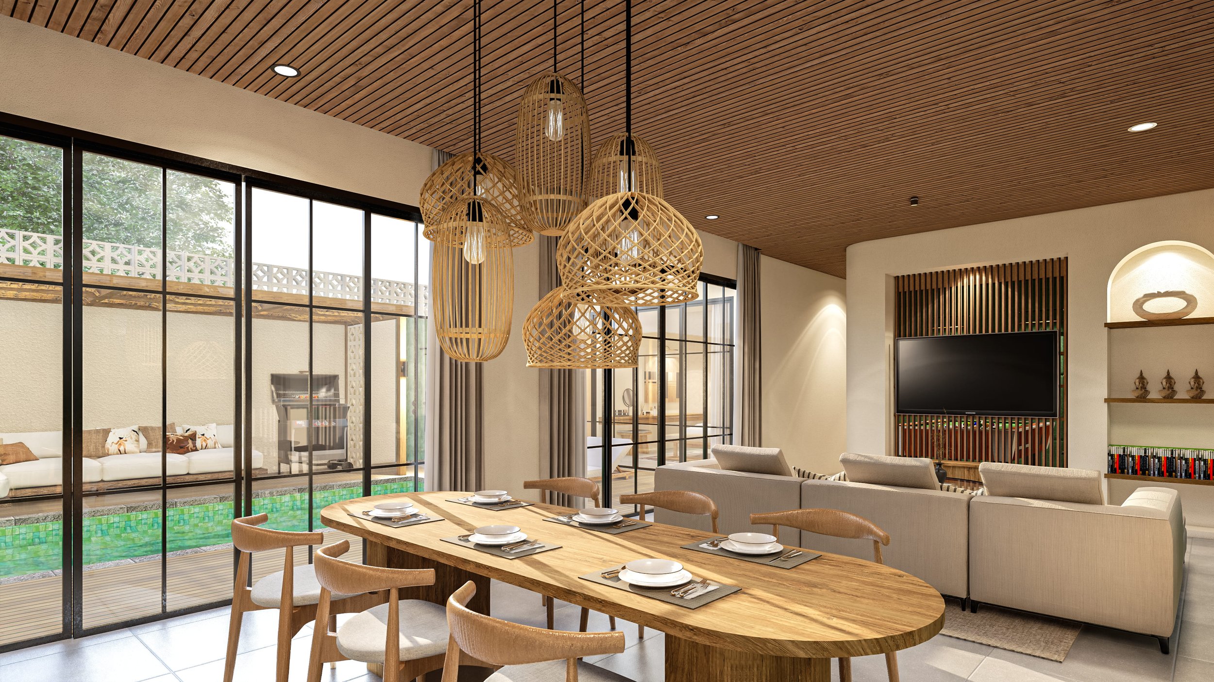 Modern open-plan living room and dining area with wooden furniture and decor. Large windows overlook a patio with a sofa, pool, and barbecue. Features include rattan pendant lights, a wooden dining table set, and a wall-mounted TV.