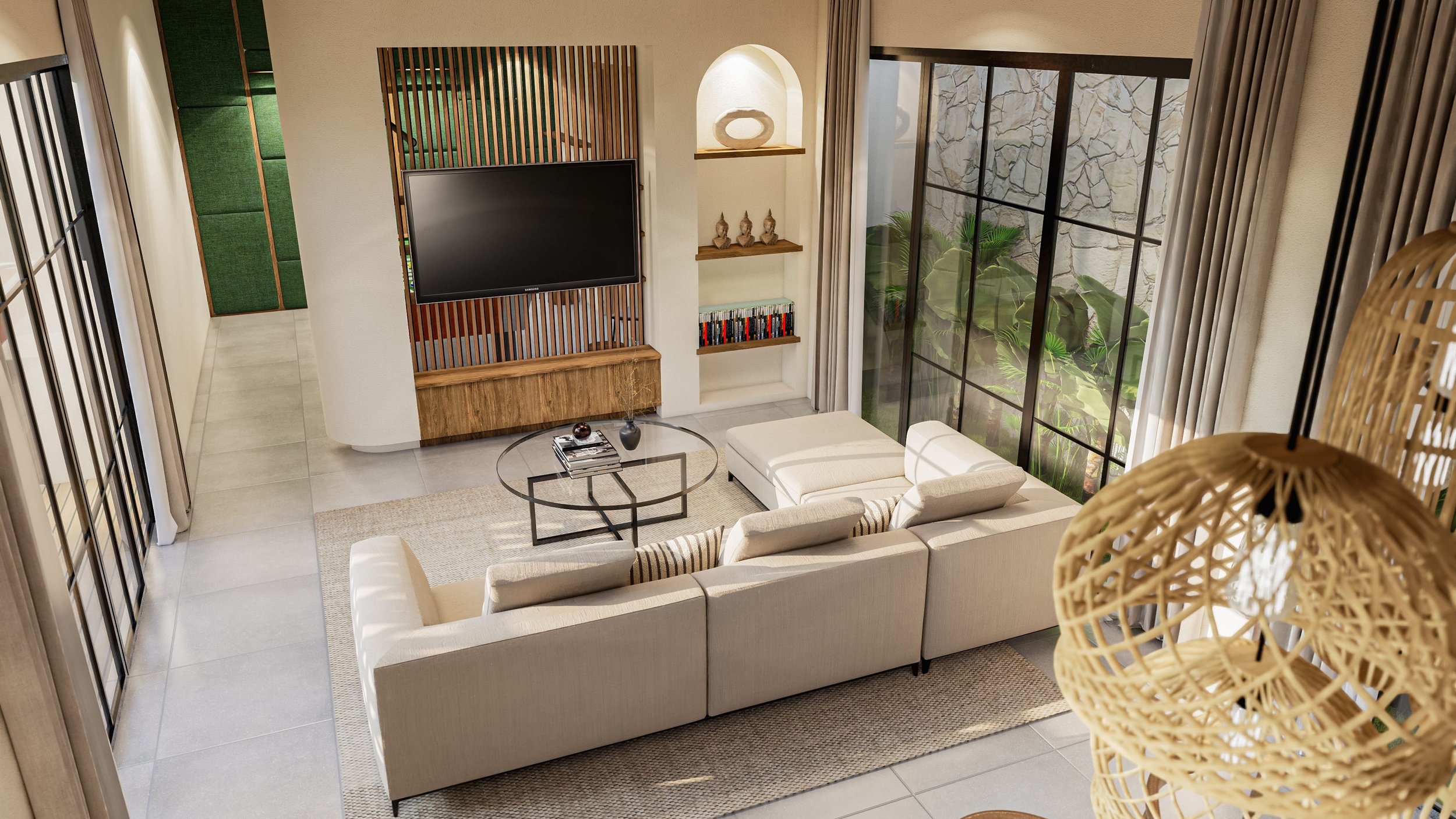 Modern living room with a large beige sectional sofa, glass coffee table, wall-mounted TV, and decorative shelving. Large windows feature natural light and greenery outside. Neutral color palette with gray tile flooring and contemporary decor.