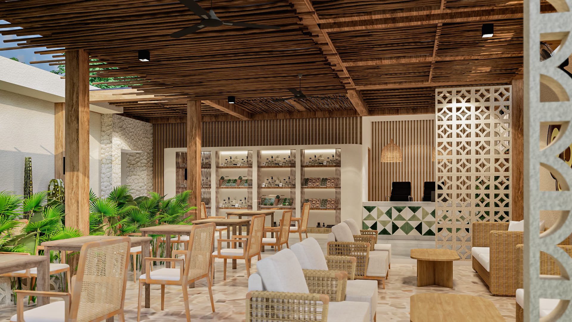 Outdoor cafe seating area with wooden furniture and ceiling, greenery, and decorative wall panels.