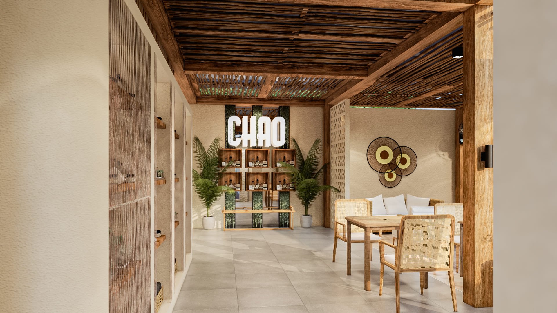 Modern indoor patio with wooden ceiling, dining table and chairs, decorative wall art, and potted plants. "CHAO" sign displayed on back wall.