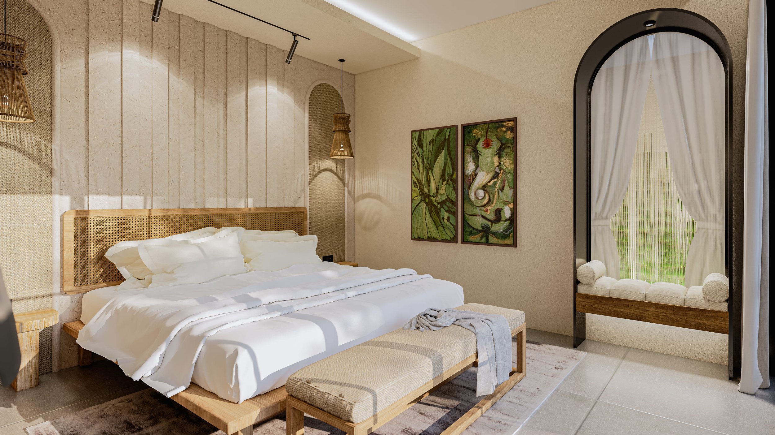 Modern bedroom with a large bed featuring white bedding, a woven headboard, and a wooden bench. Two green abstract paintings are on the wall. A cozy window seat with white cushions is near an arched window with sheer curtains.
