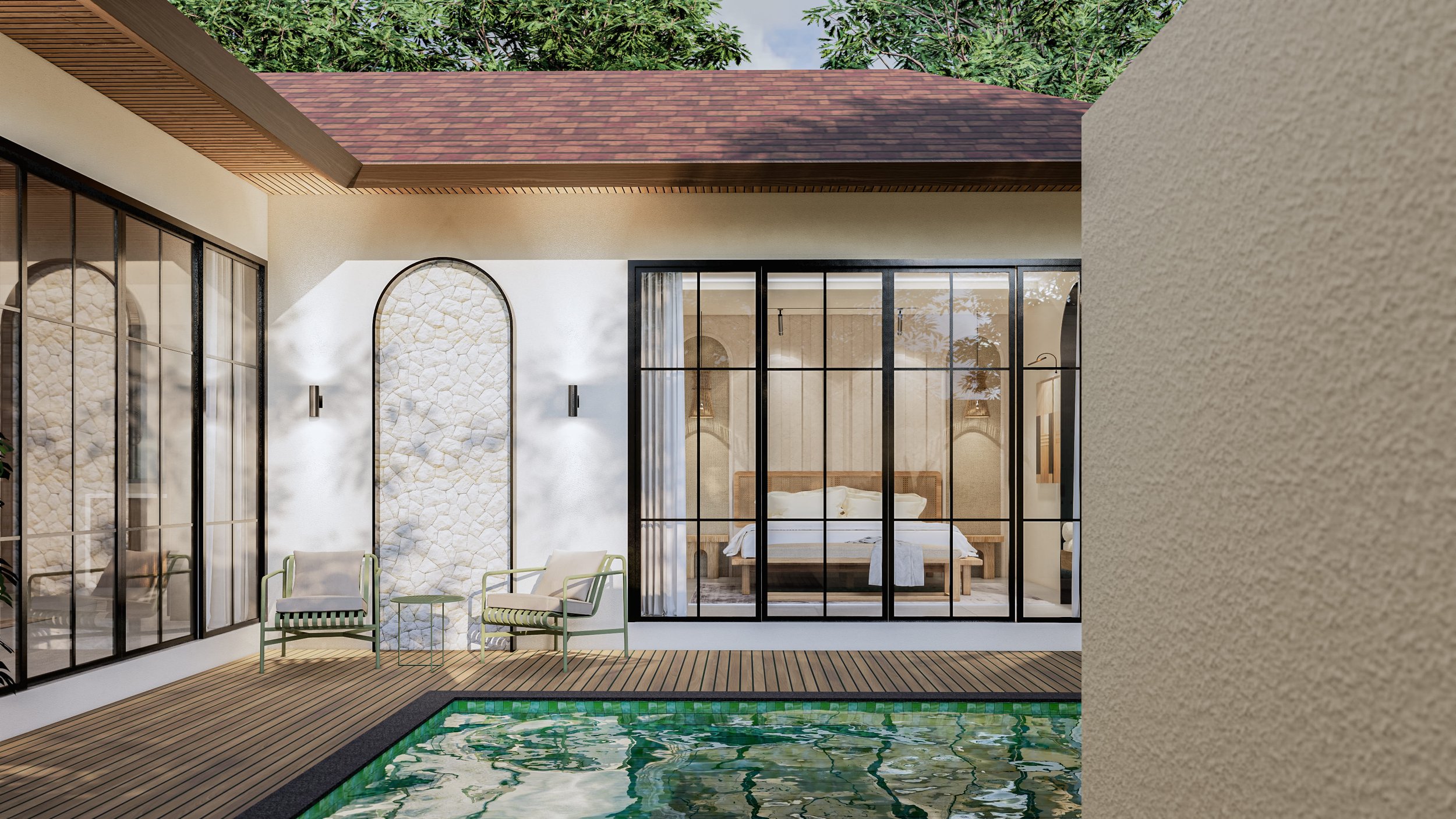 Modern house exterior with large windows, pool, and patio seating.