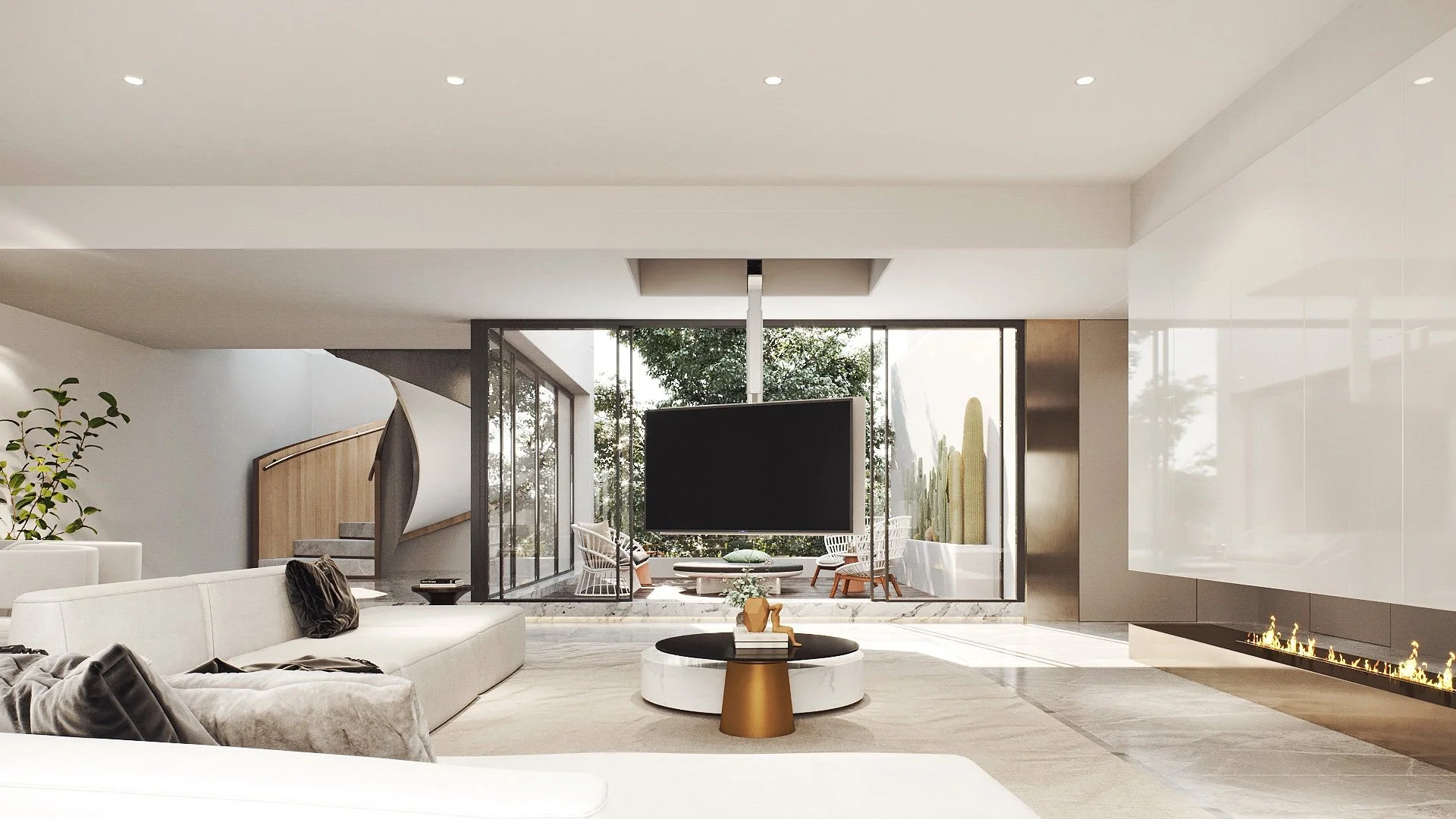 Moderner Wohnzimmer mit offener Terrasse, weißem Sofa, rundem Couchtisch mit Dekor, große Glastüren, Kamin und Pflanzen im Hintergrund.