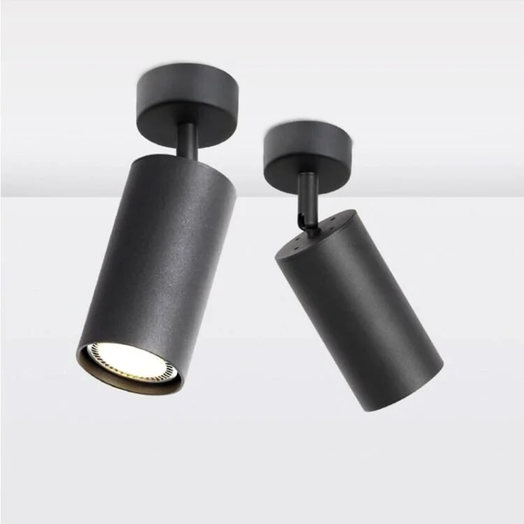 Zwei schwarze Deckenleuchten mit runden Spotlights