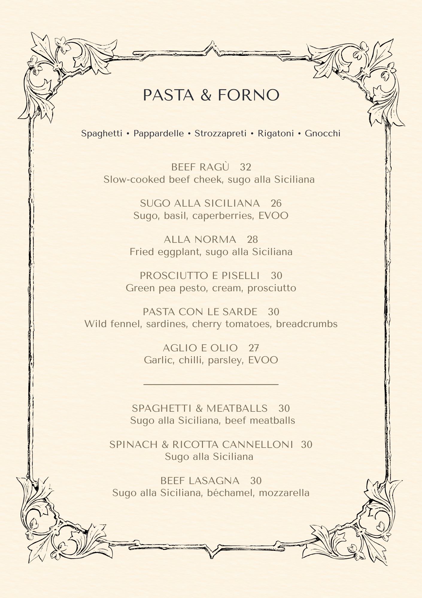 Explore Ferrara Pasta Bar Sydney’s pasta menu featuring traditional Italian dishes including beef ragù, sugo alla Siciliana and seasonal handmade pasta.
