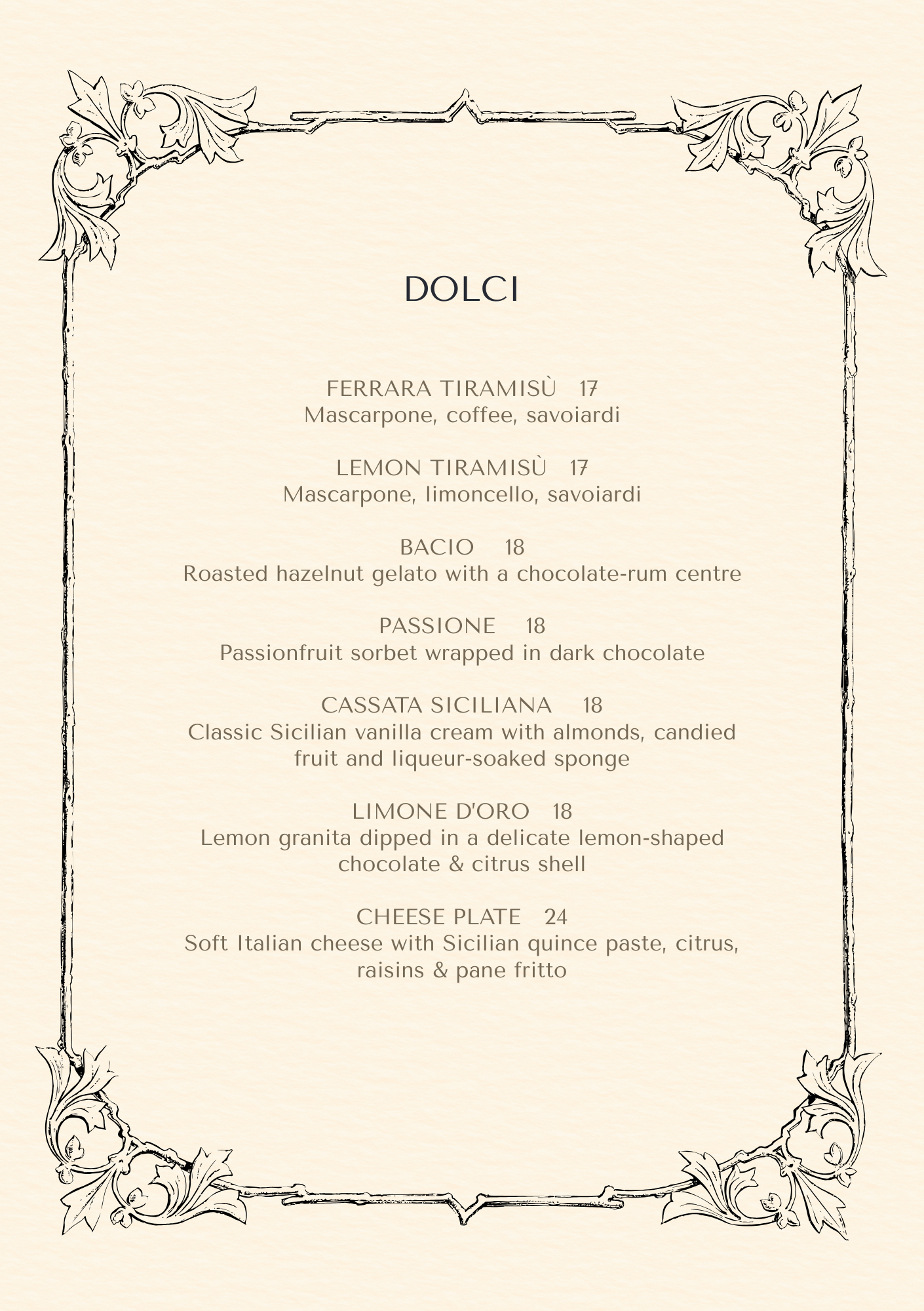 Indulge in Ferrara Pasta Bar Sydney’s dessert menu featuring tiramisu, cassata Siciliana and classic Italian gelato.