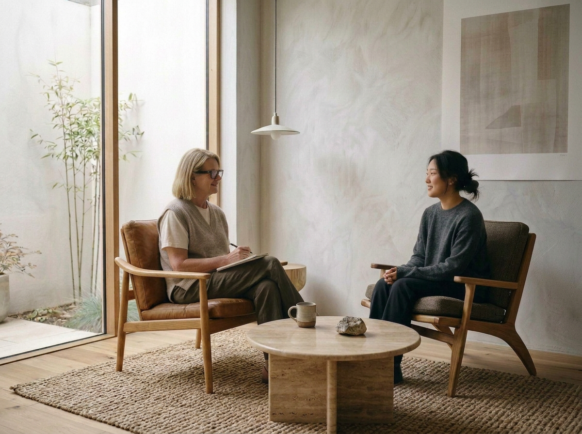 Two women sitting in a therapy or counseling session in a bright, minimalist room. One woman has blonde hair, wears glasses, and is taking notes; the other has dark hair tied back, and holds a tablet. There is a small wooden coffee table with a mug and a stone, a large window, and a modern art piece on the wall.