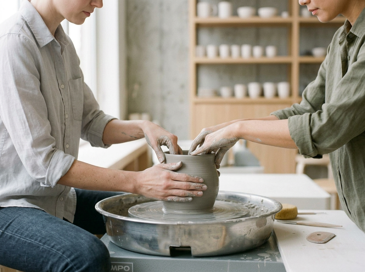 Two people shaping a clay pot on a pottery wheel in a pottery studio.