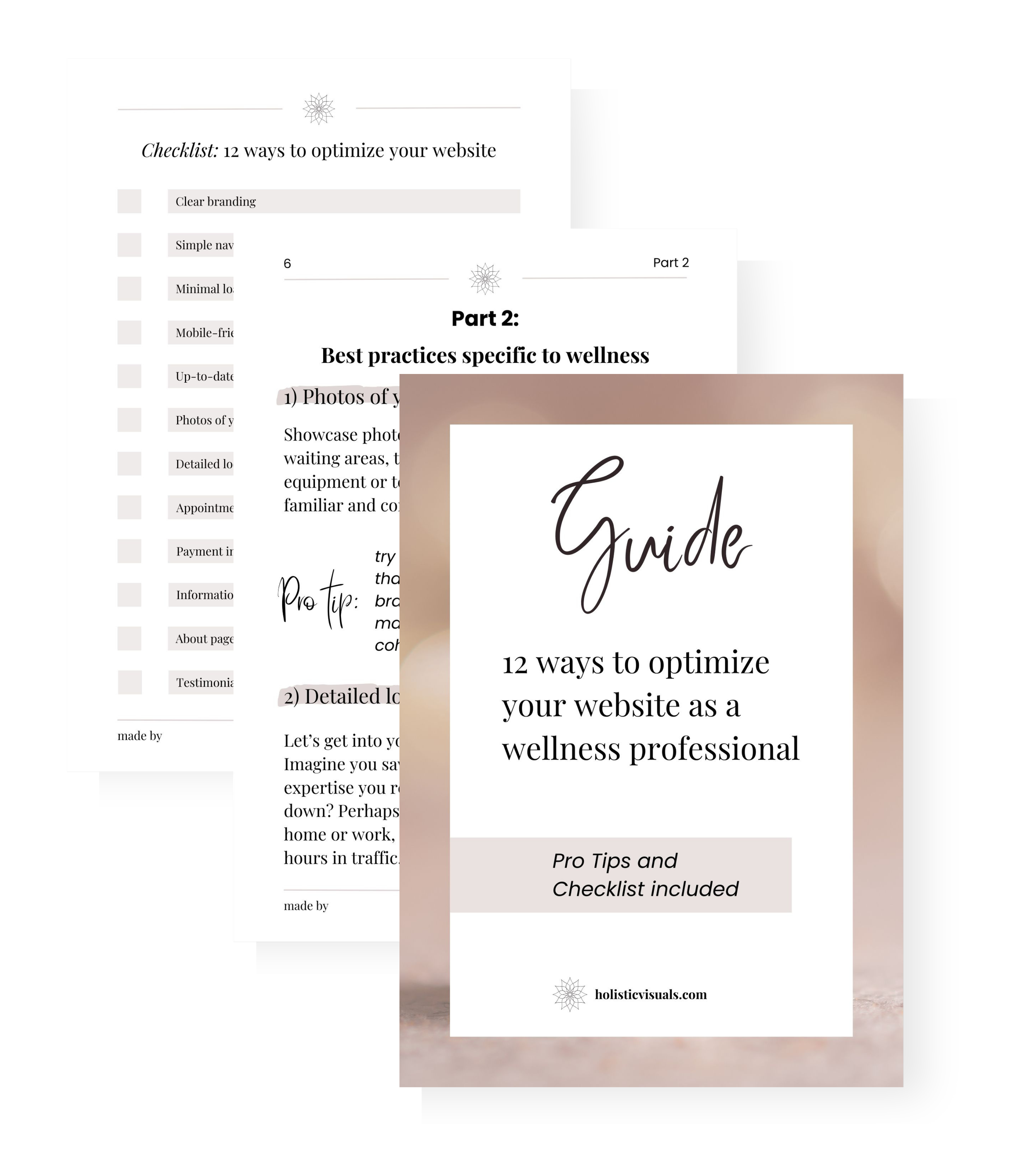 Cover page of a wellness website optimization guide titled "12 ways to optimize your website as a wellness professional" with background blurred. Inside pages show a checklist for website optimization and best practices for wellness websites.