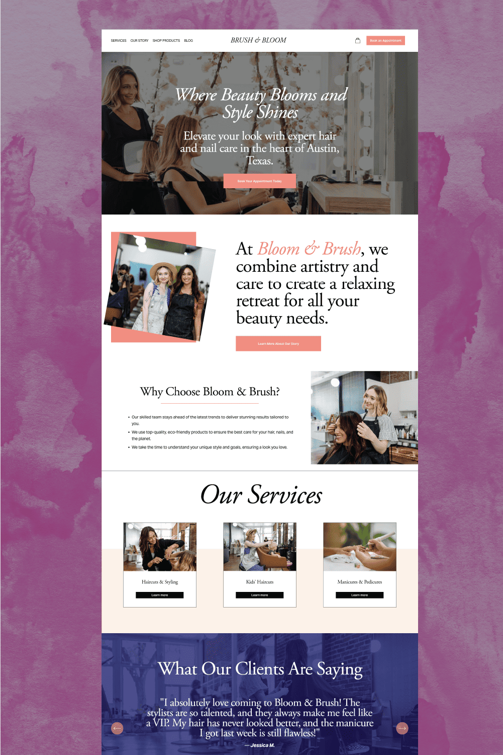 Website screen mockup showing key booking-focused pages from a salon website. Designed for high conversion, each section is optimized with strong visuals, compelling copy, and intuitive user paths that guide visitors to take action.