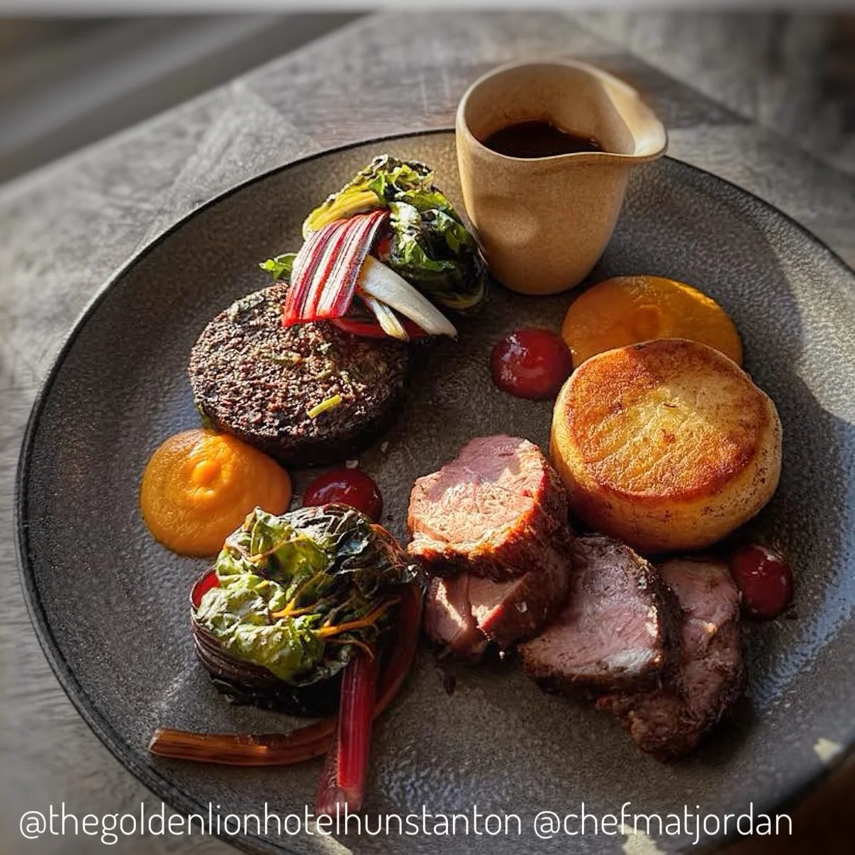 Not a breakfast&hellip;quelle surprise! Marinated lamb rump, carrot puree, blackberry gel, rainbow chard, a nice slice of our black pudding, potato fondant and minted jus. Courtesy of @thegoldenlionhotelhunstanton and @chefmatjordon