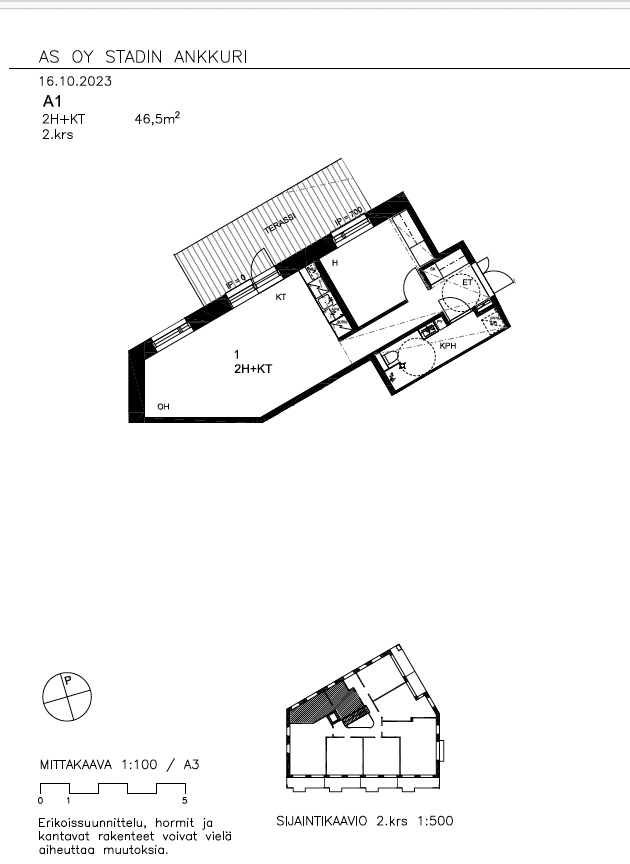 Asunto 1  46,5 m2, arviohinta 323 819 e; omarahoitus 50 % 161 910 e