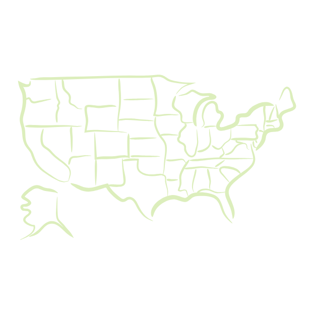 A simple outline map of the United States on a black background with state borders marked.