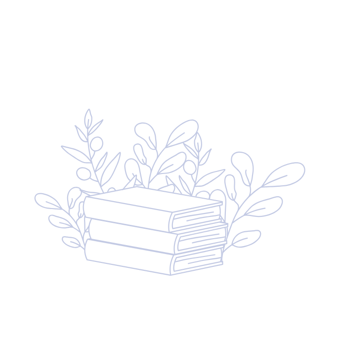 Outline drawing of three stacked books with leafy plant branches surrounding them on a black background.