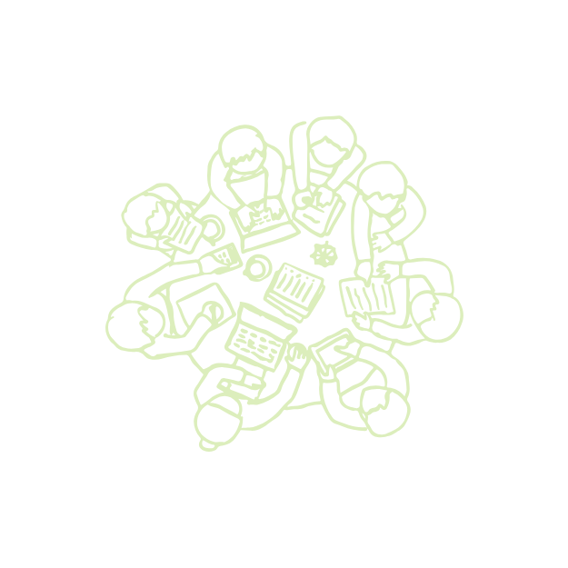 Illustration of six people around a round table working on laptops and tablets with a small gear symbol in the center, on a black background.
