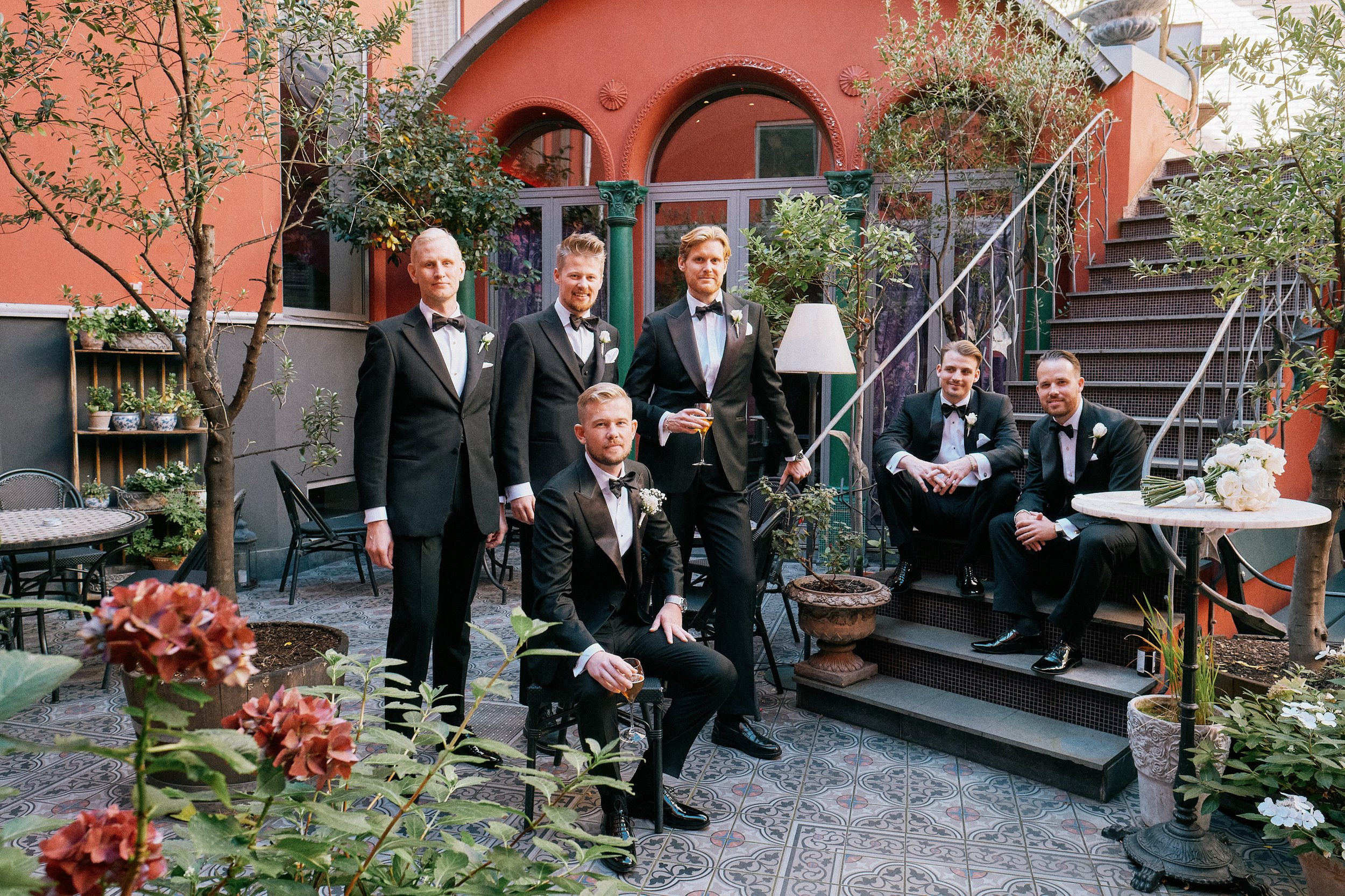 Wedding party at Dorsia Hotel courtyard in Gothenburg