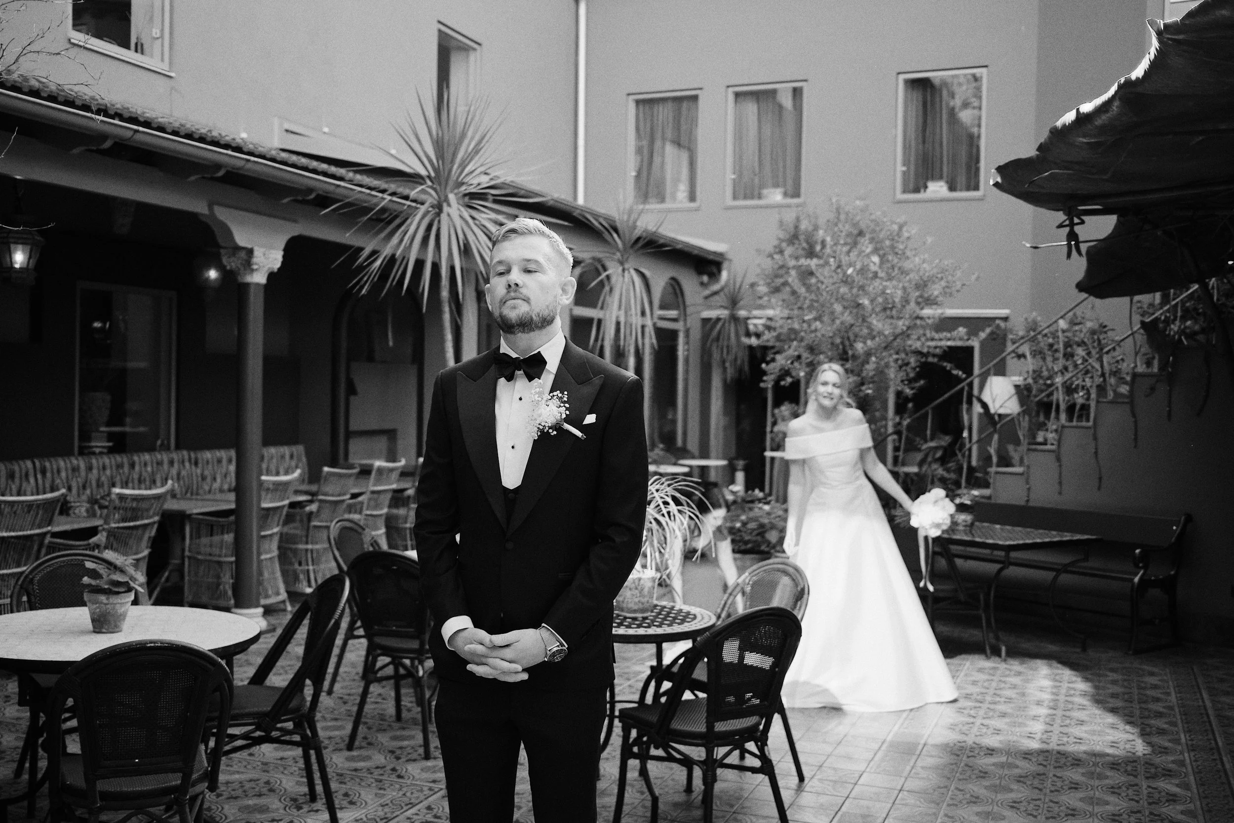 Bride and groom doing first look at Dorsia Hotel in Gothenburg