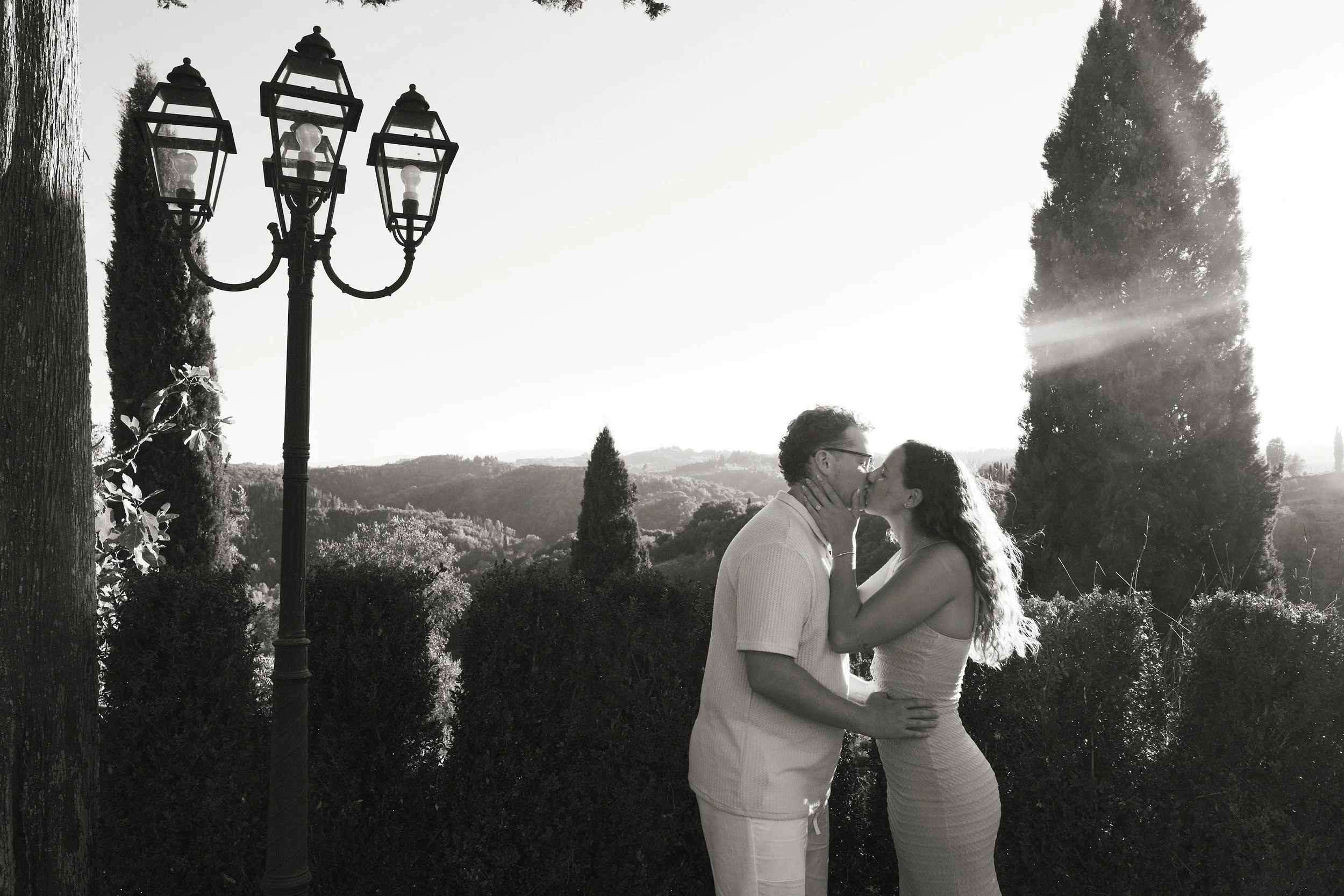 Bride and groom at sunset in Tuscany, Italy