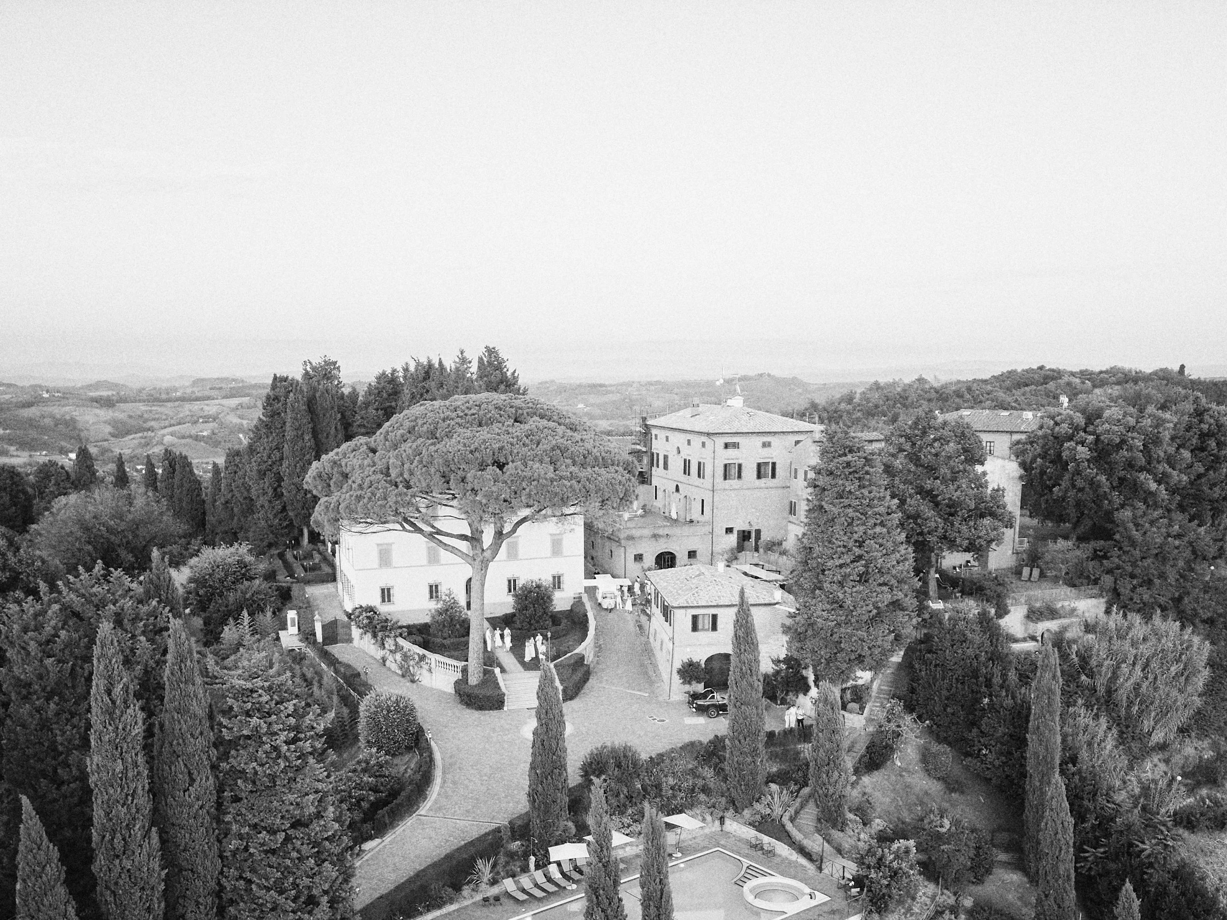 Aerial view of wedding at Borgo Bucciano in Tuscany