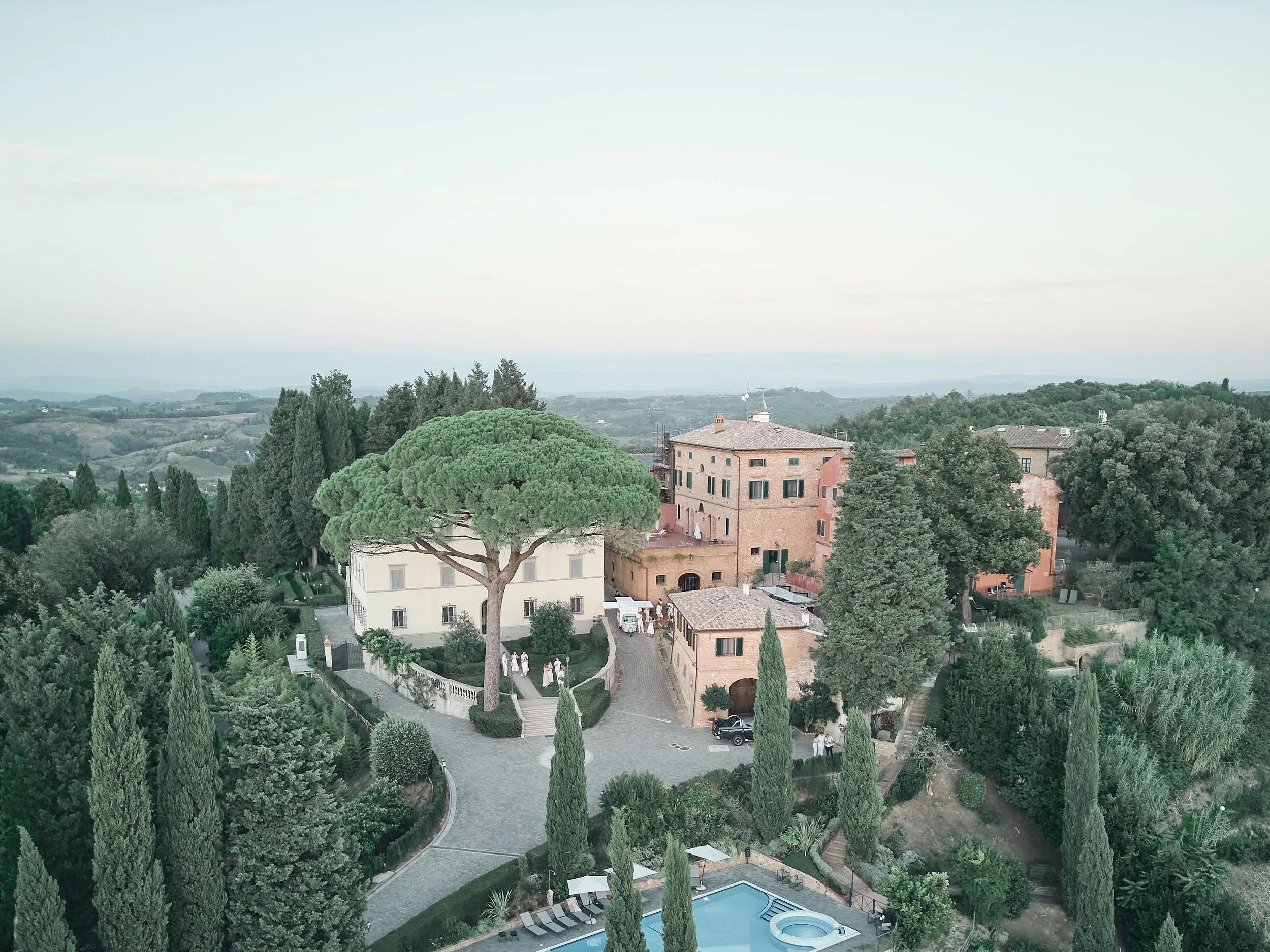 Aerial view of Borgo Bucciano villa in Tuscany, Italy