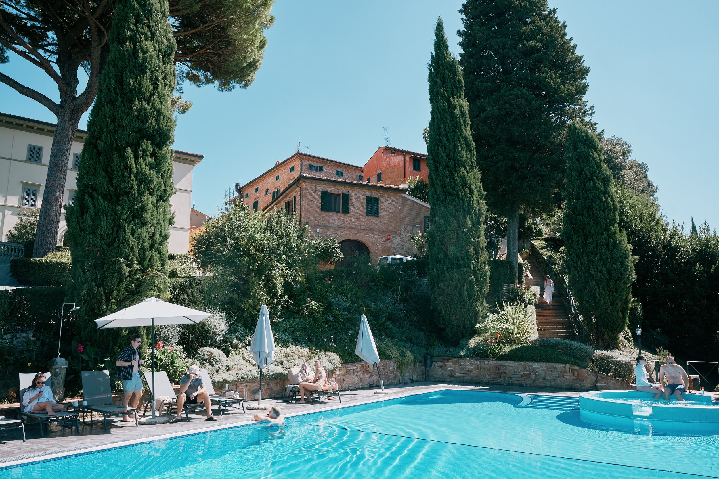 Pool area at Borgo Bucciano during Tuscany wedding