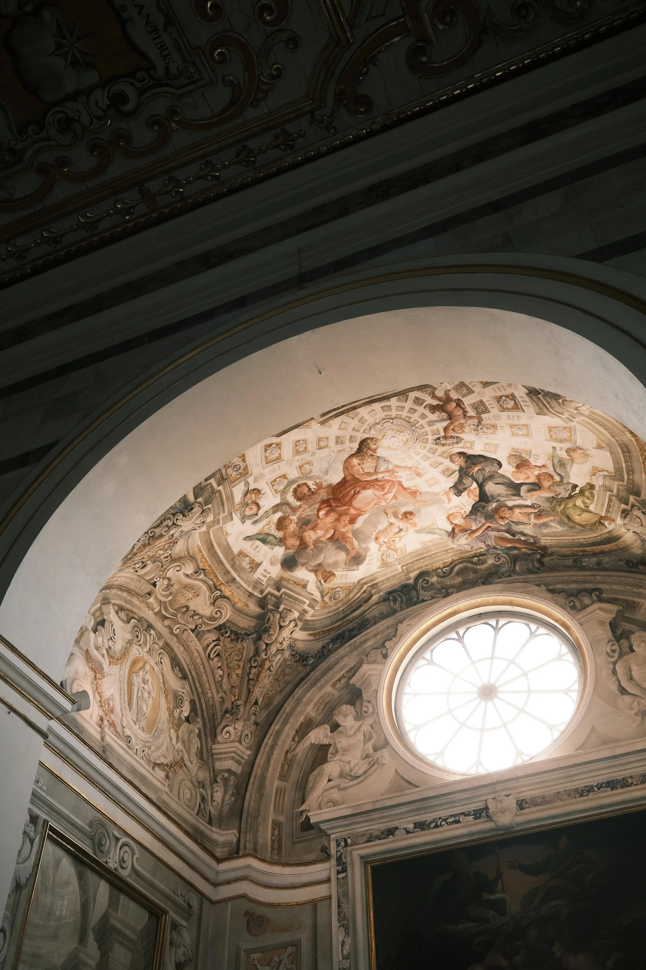 Ceiling fresco inside historic Tuscan church of San Miniato. 