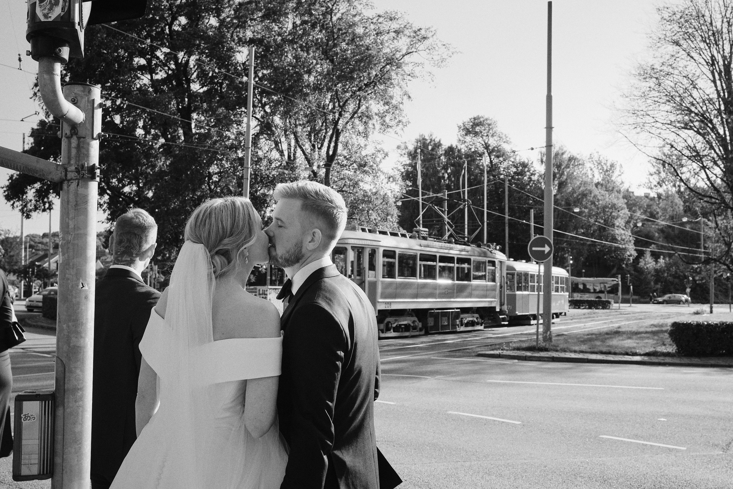 Bride and groom by tram in Gothenburg
