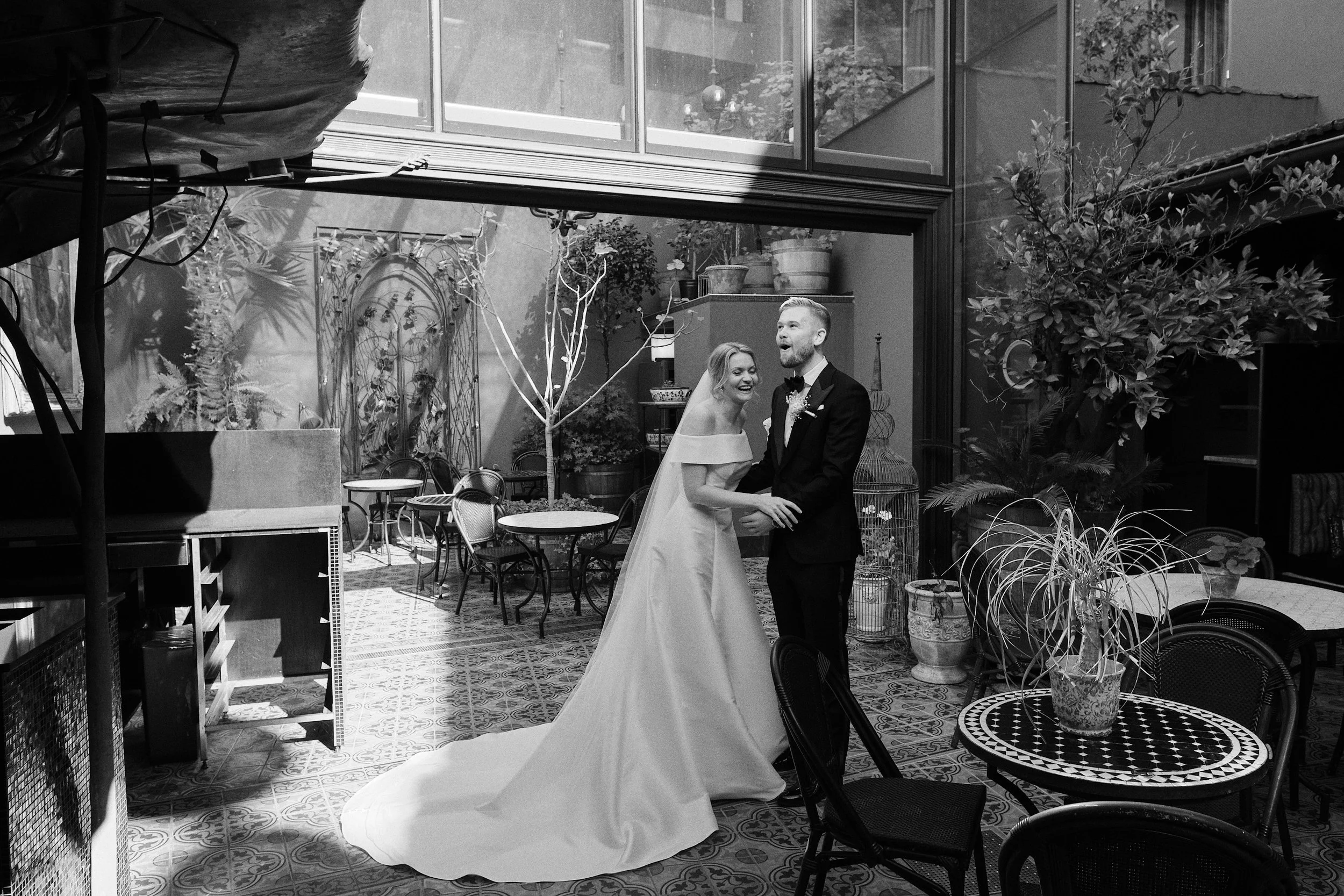 Bride and groom at Dorsia Hotel in Gothenburg