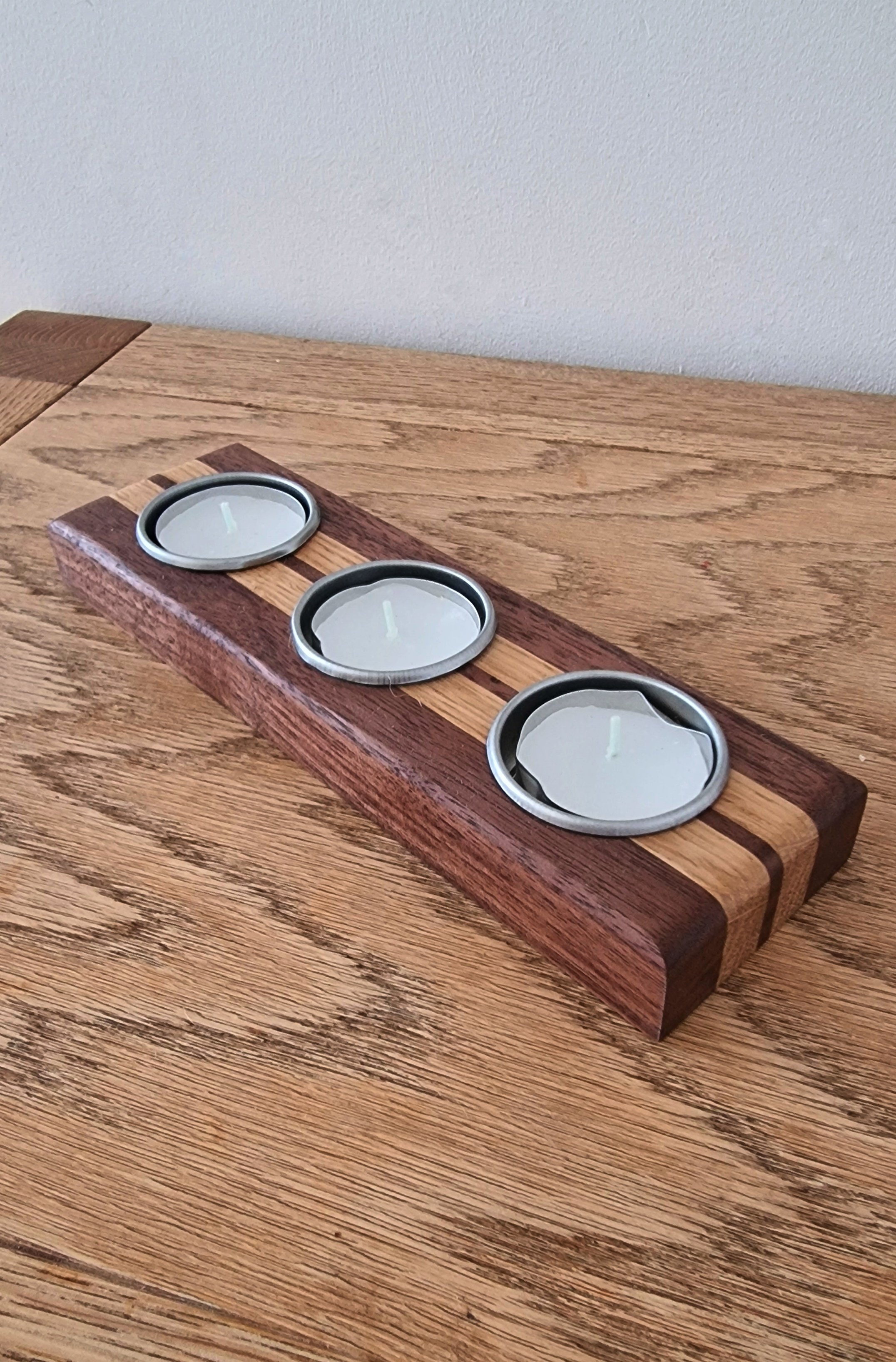 Oak Walnut 3 tealight candle holder Mitchells Wood STudio.jpg
