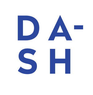 Logo with text "DASH WATER" in bold blue letters on a white background, arranged vertically.