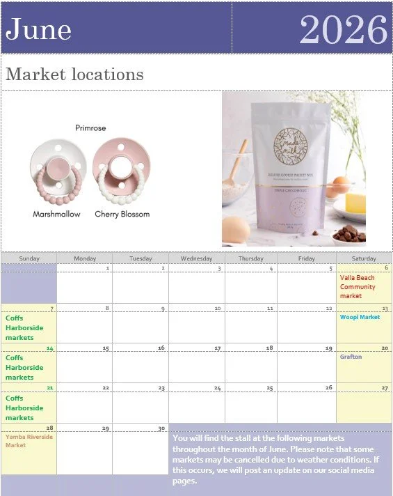 June 2026 calendar page showing market locations for Coffs Harbourside markets, Woopi Market, Grafton, and Yamba Riverside Market, with a promotional image of pink and cherry blossom baby pacifiers and a package of bath salts or similar product.