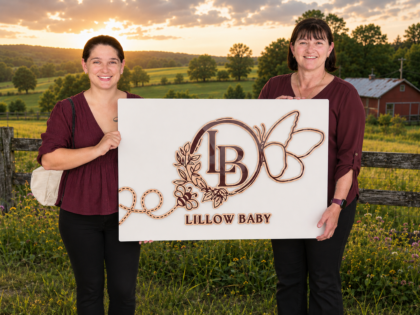 Two women standing outdoors in a field holding a large sign that reads 'Lillow Baby' with decorative initials 'LB' and a butterfly logo, sunset in the background.