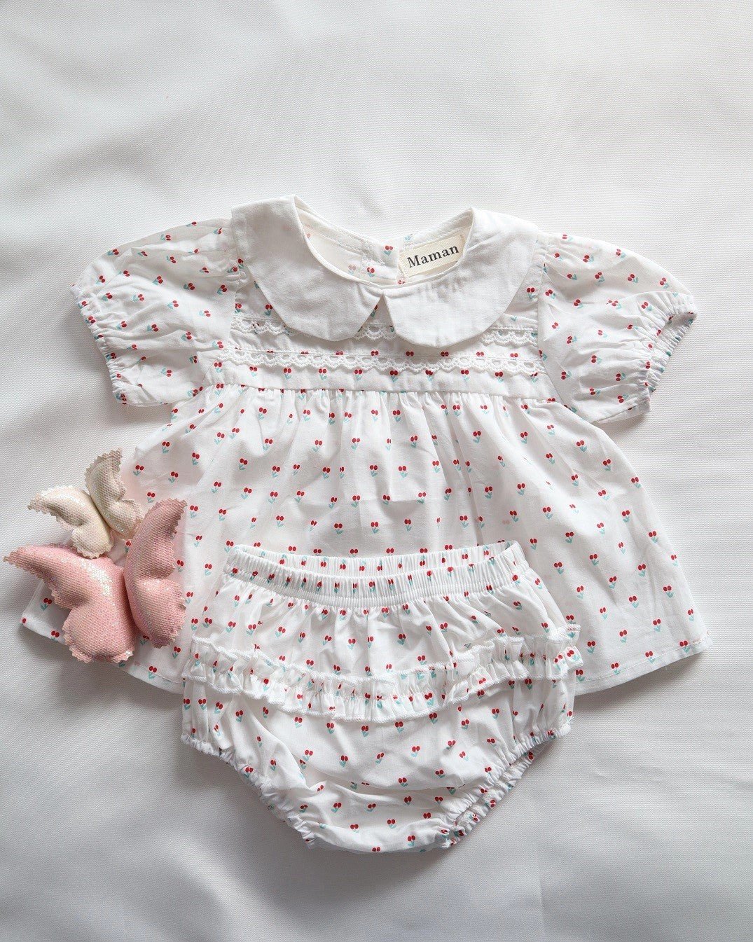 2Pcs Set Baby Girls Cherry Print Collar Top and Shorts. 100% Cotton