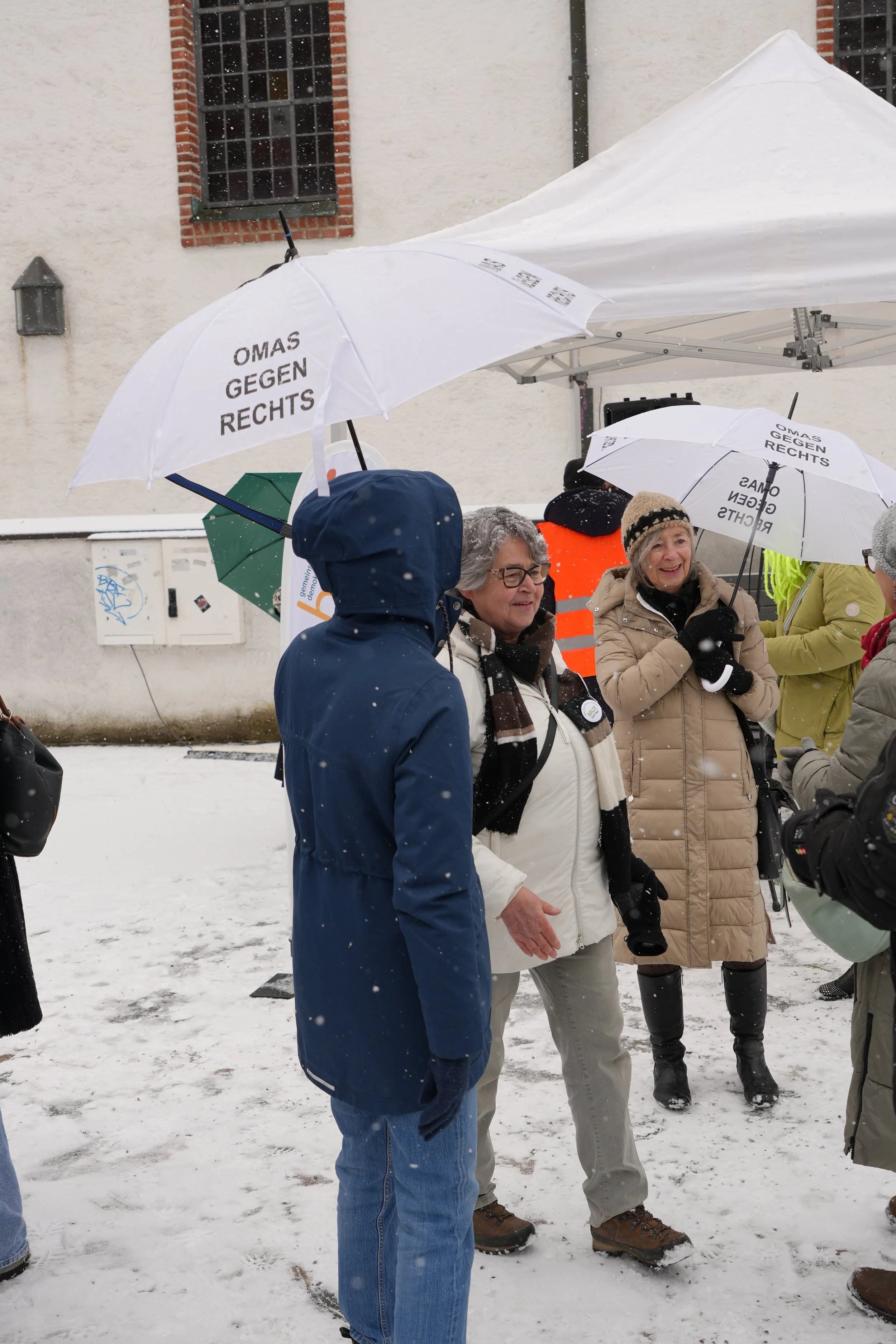 Menschen bei einer Protestveranstaltung im Schnee, einige halten Schirme mit der Aufschrift 'Omas gegen Rechts'.