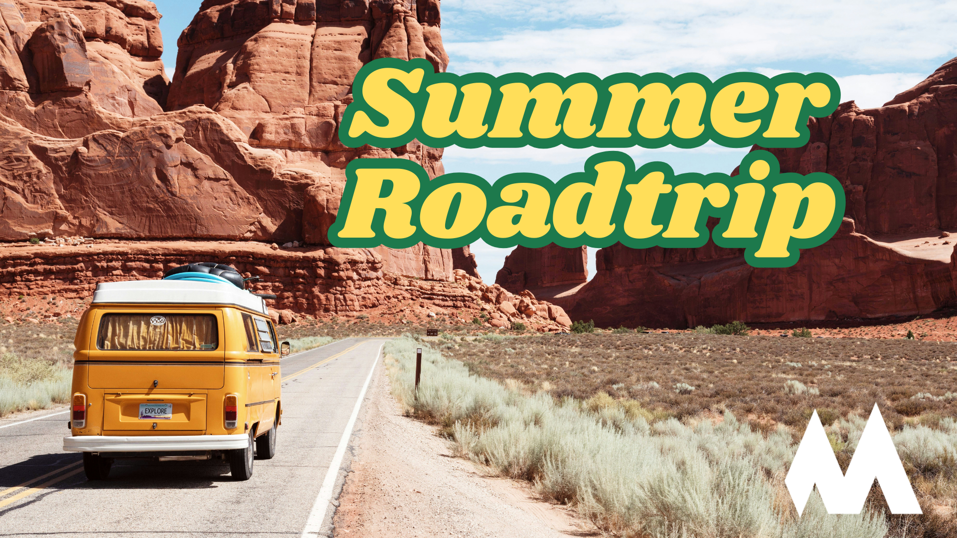 Summer Roadtrip sermon series graphic, showing an orange van traveling on a road in the moutains.