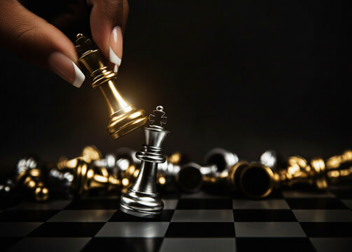 Een hand die een gouden schaakstuk neerlegt op een schaakbord tijdens een schaakspel, met andere schaakstukken op de achtergrond.