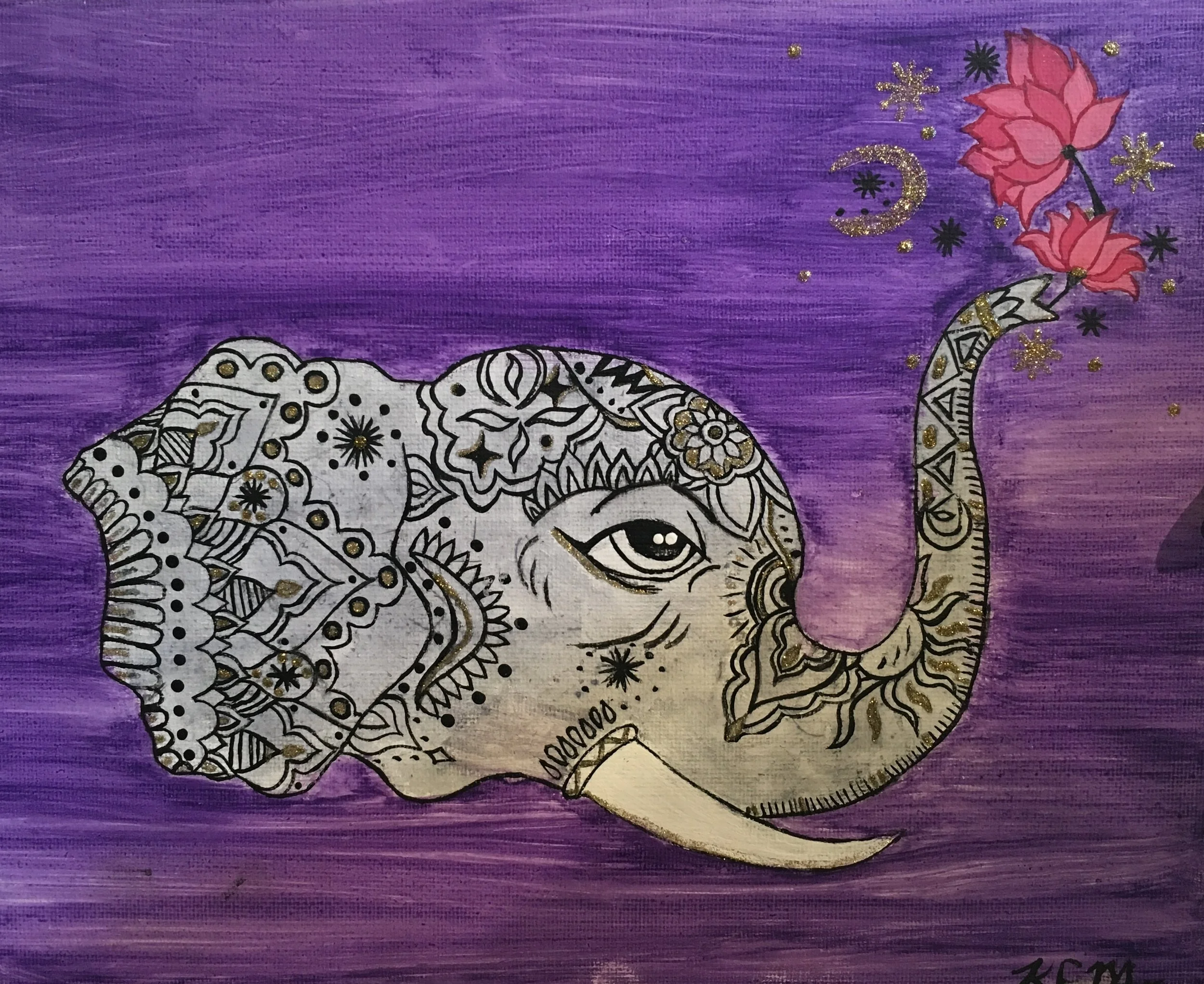 "Untitled" (2017)
Acrylic on canvas

My first commissioned piece that I got in high school. The elephant's head is adorned with patterns that draw inspiration from beautiful henna and mandala designs. 