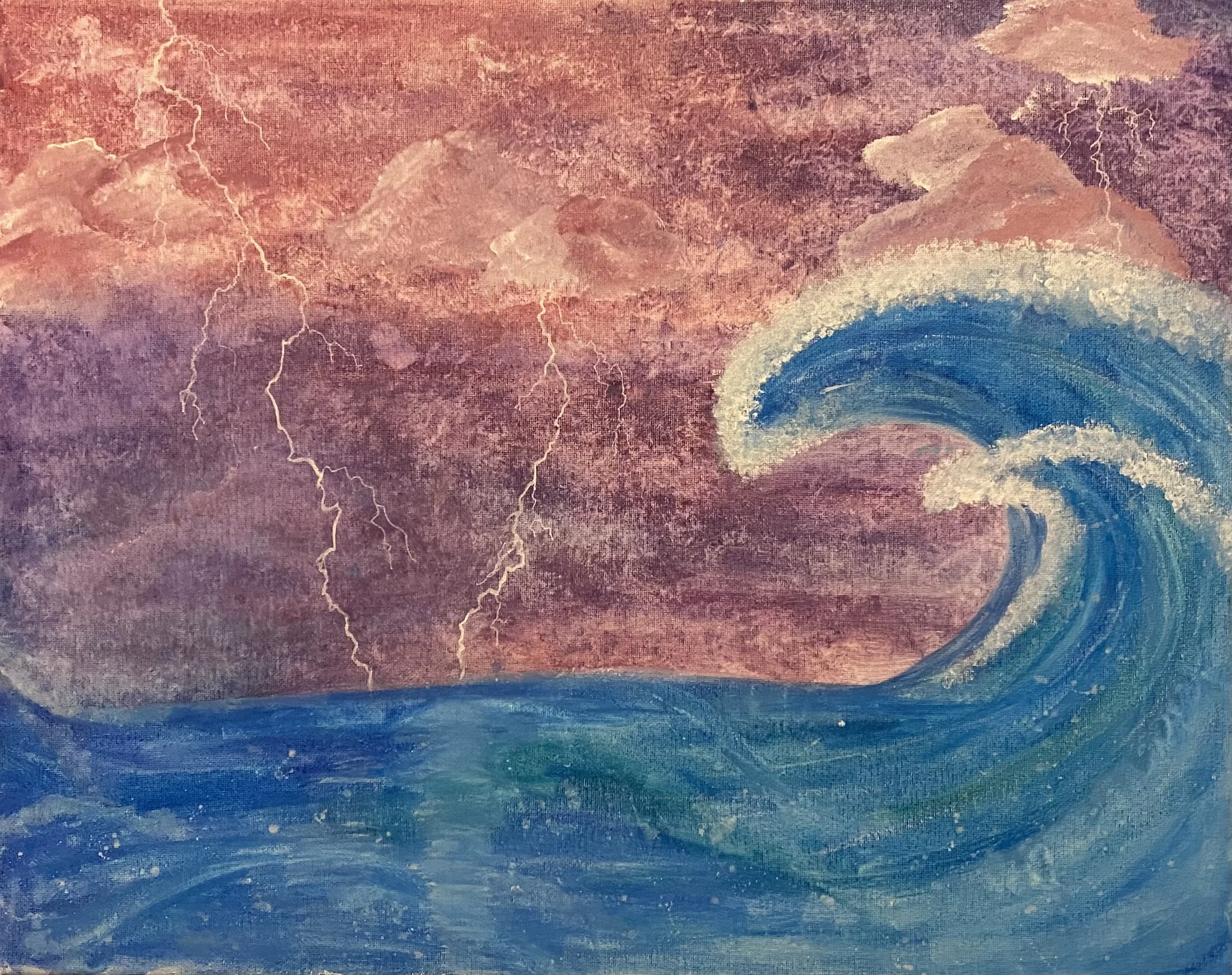 "Untitled" (2021)
Acrylic on raised canvas

I'm obsessed with the ocean – everything about it, from its serenity to its storms. Cotton candy colored skies against the blue waves and striking lightning bolts bring the viewer's attention to the beauty 