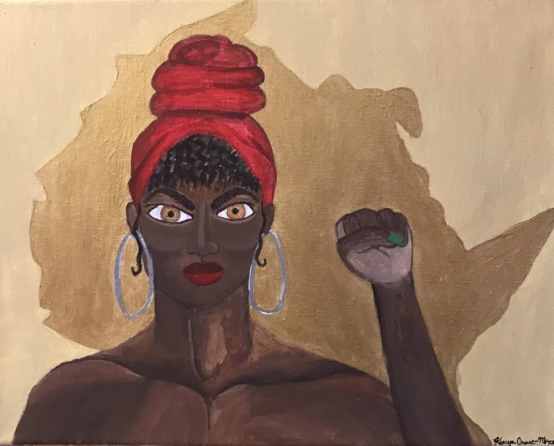 "Motherland" (2021)
Acrylic on canvas

I wanted this piece to have hints of color from the pan-African flag (red, green, and black), to give homage to the Motherland. I chose to paint Africa behind the subject in metallic gold to honor its rich histo