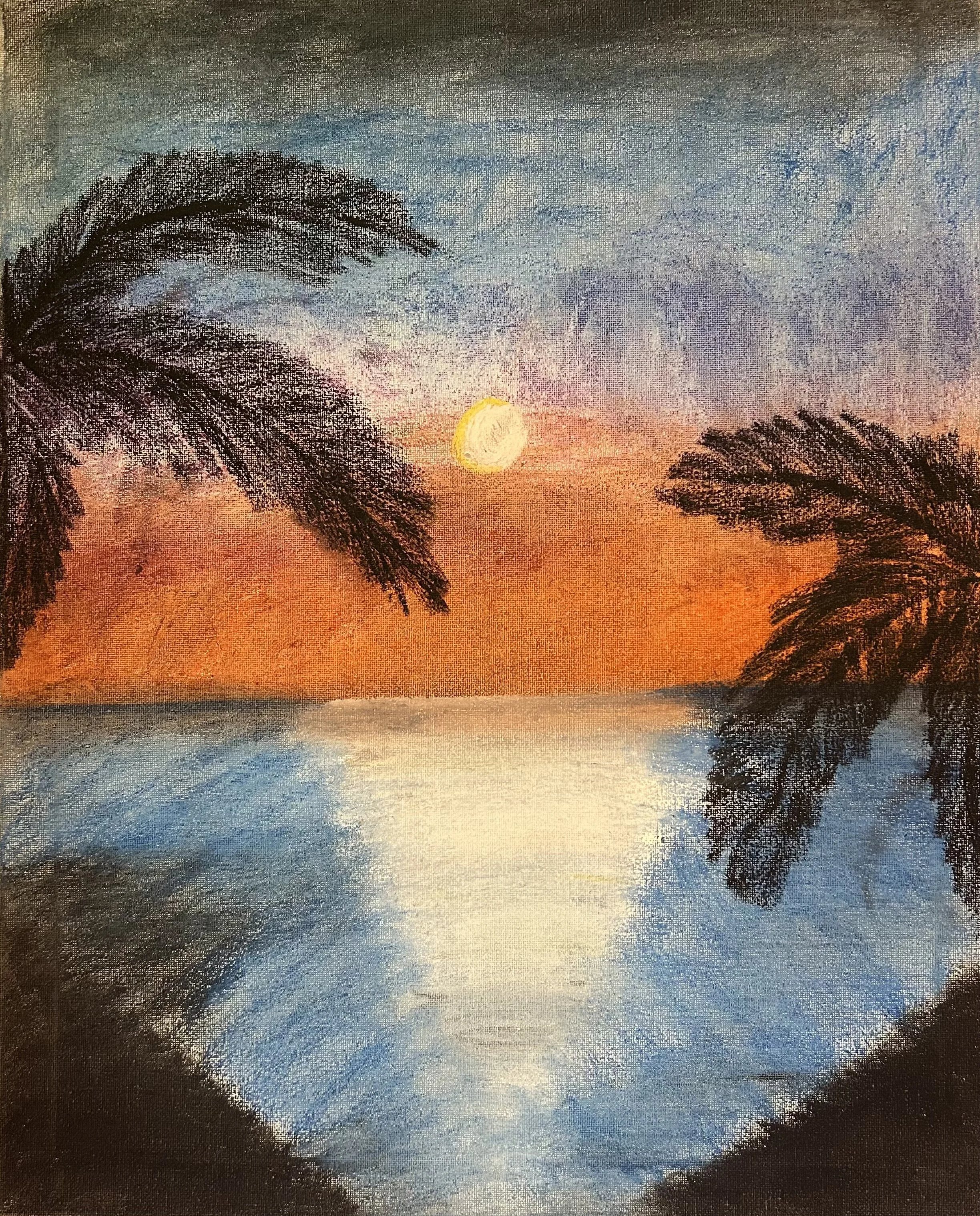 "Home" (2025)
Oil pastels on raised canvas

The Caribbean runs through my veins. I am a St. Thomian on my father's side and wear my heritage with pride! I always feel most at peace on a beach at sunset, and I want viewers to feel that same peace when