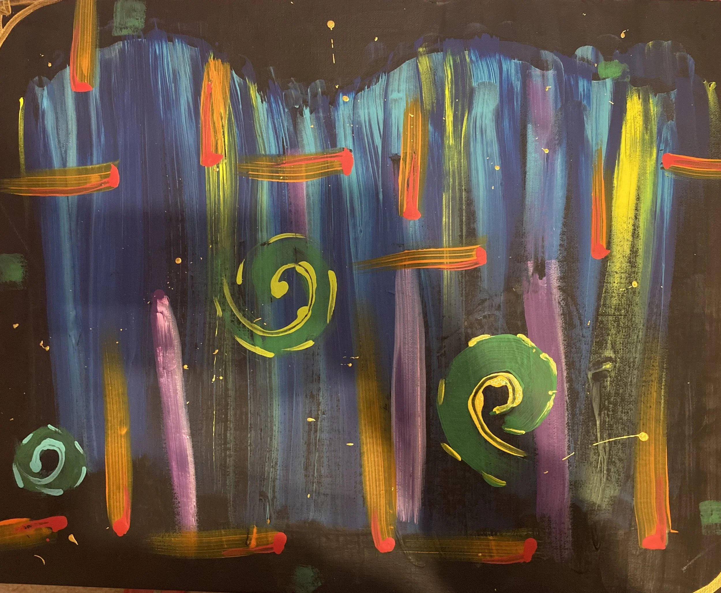 "A Night in NOLA" (2023)
Acrylic on canvas

As I challenged myself to keep creating abstract art, I used various techniques to create broad brushstrokes and swirls in this painting. In the end, the colors and shapes remind me of the bold nightlife of
