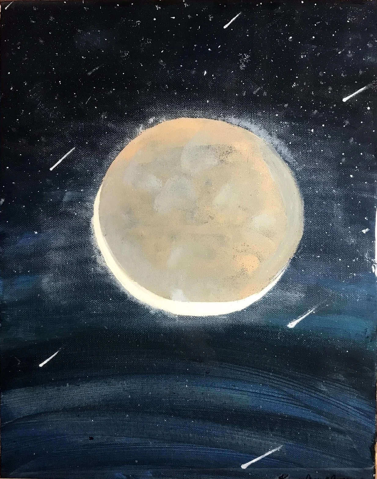 "Moon Shower" (2020)
Acrylic on canvas

I love the moon, stars, and everything cosmic. This painting was inspired by my, at the time, favorite song, Why iii love the moon by Phony Ppl. 