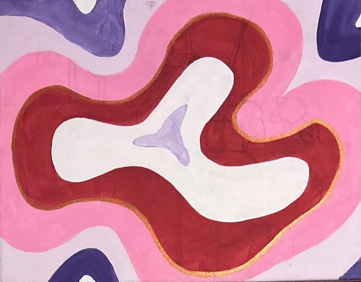 "From Hell to Help" (2023)
Acrylic on raised canvas

Under the pinks and purples of this painting, I had sketched an outline for a depression driven painting. As I climbed my way out of that dark place, I realized I couldn't finish that piece. Instea