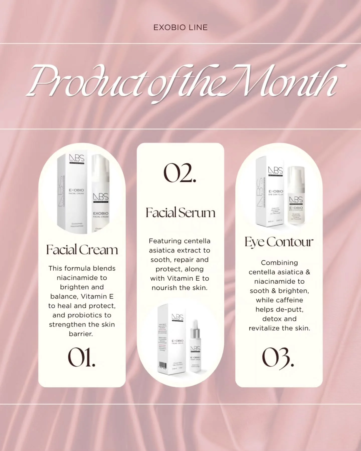 Tr&iacute;o EXOBIO ✨✨✨

Impulsado por Exo&ndash;Vialize, este tr&iacute;o combina niacinamida y extracto de Centella Asi&aacute;tica para iluminar, calmar y reparar la piel.

☕️ Con cafe&iacute;na que ayuda a desinflamar y revitalizar
🌿 Vitamina E y