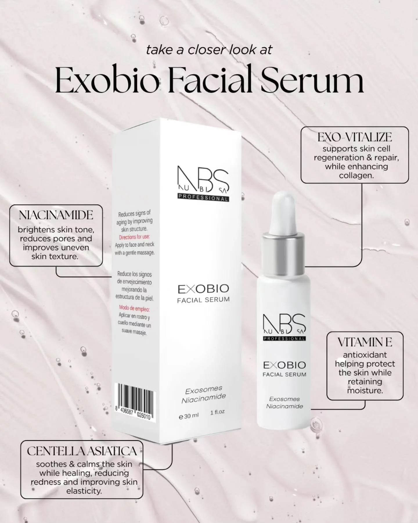 Exobio Facial Serum from the Exobio line up is perfect for professional use and at home care. Packed with a tone of ingredients to boost your skins glow. 

MAIN ACTIVE INGREDIENTS
✨ 7% EXO-VITALIZE
✨ 5% CENTELLA ASIATICA EXTRACT
✨ 2% NIACINAMIDE
✨ VI