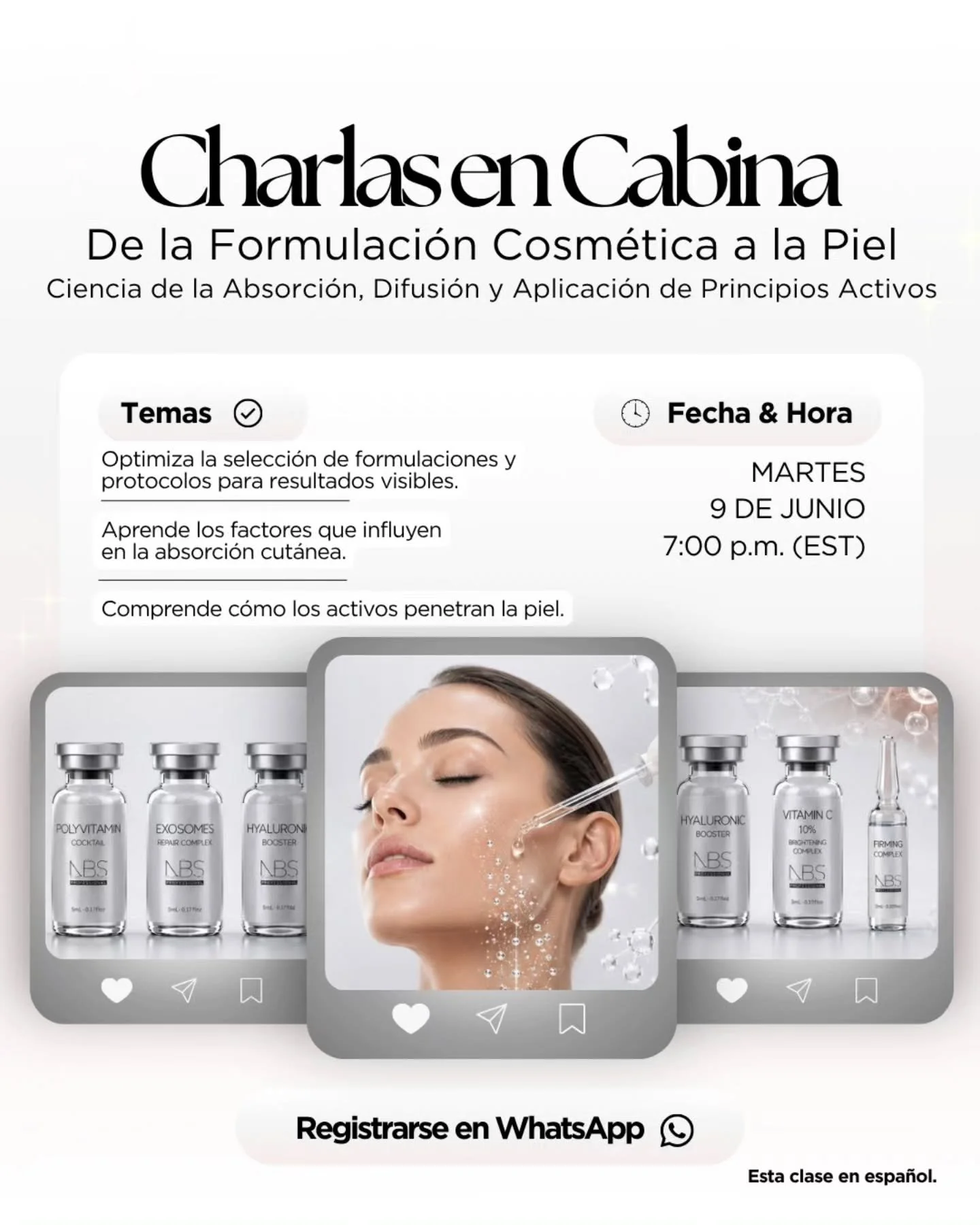 &Uacute;nete a nosotros nuevamente hoy para nuestra Charlas en Cabina. ✨️✨️
El tema de hoy se centra en las formulaciones cosm&eacute;ticas y su aplicaci&oacute;n en la piel. 

9 de junio a las 7:00 p.m. (EST) 📆

Acceso exclusivo a la clase a trav&e