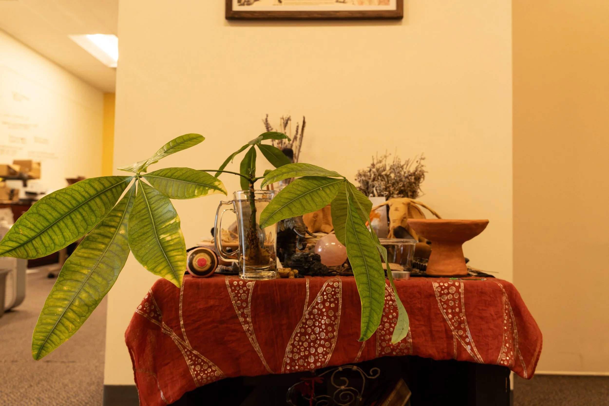 Our altar, bearing blessings from our artists and community members.