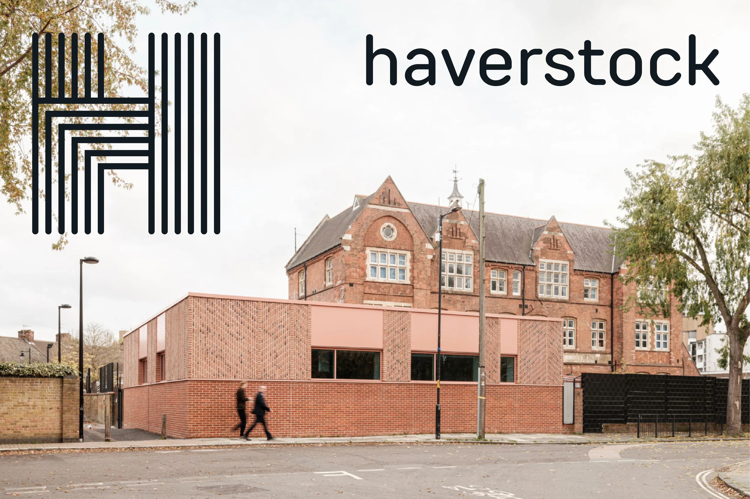 Image of a Victorian school with modern extension with Haverstock architect's logo overlaid.