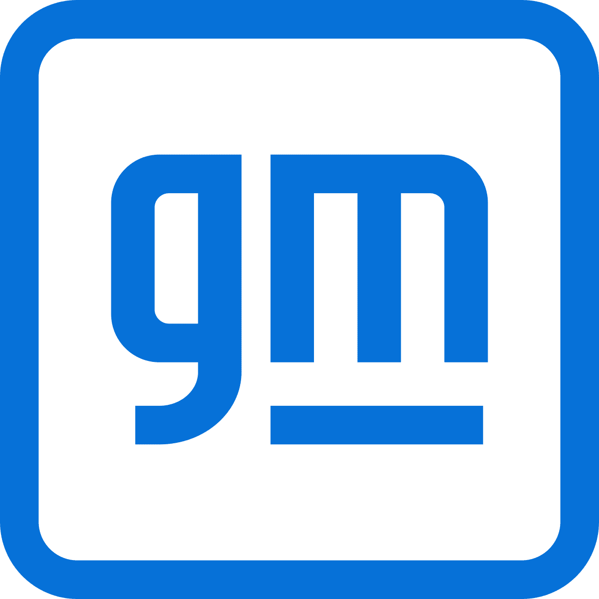 GM logo in black and blue with the text 'gm' inside a square.